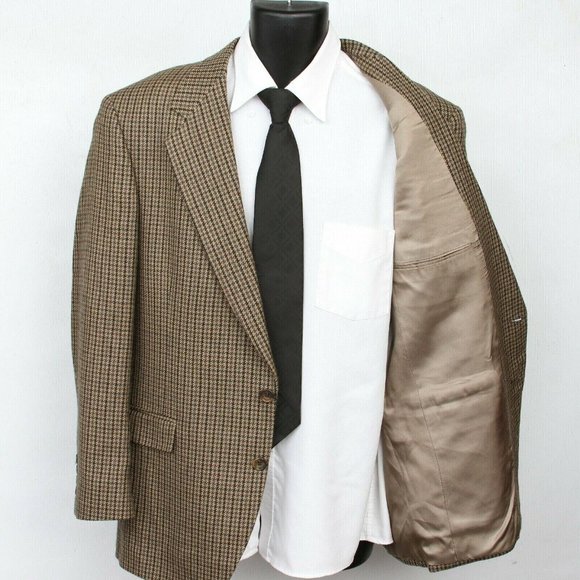 Vintage John Alexander Brown Lambs Wool Houndstooth 2 Button Sport Coat Mens 42R - Picture 3 of 11